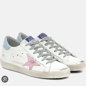 Golden Goose White Leather Sneakers with Pink Star and Light Blue Heel